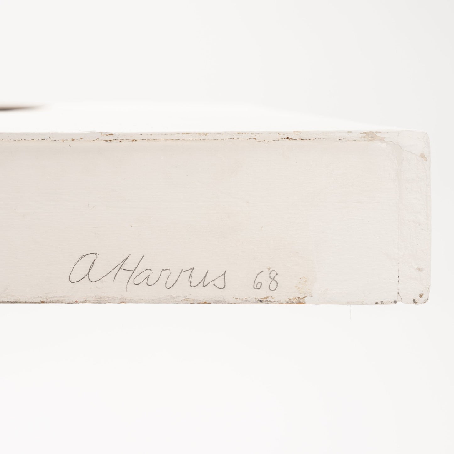 48-Inch Framed Painting by A. Harris '68 featuring a close-up of the artist’s signature and date on the edge of a white painted wooden frame, emphasizing its authentic vintage character.