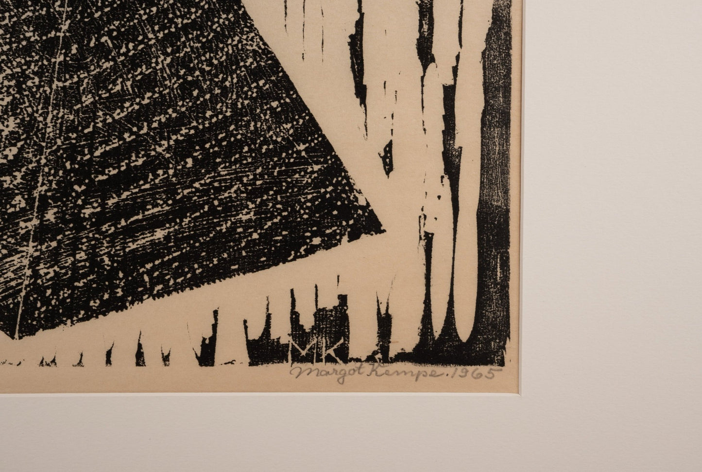 Close-up of Margot Kempe's "Commandment" silkscreen print on rice paper, signed and numbered 7/9, matted.