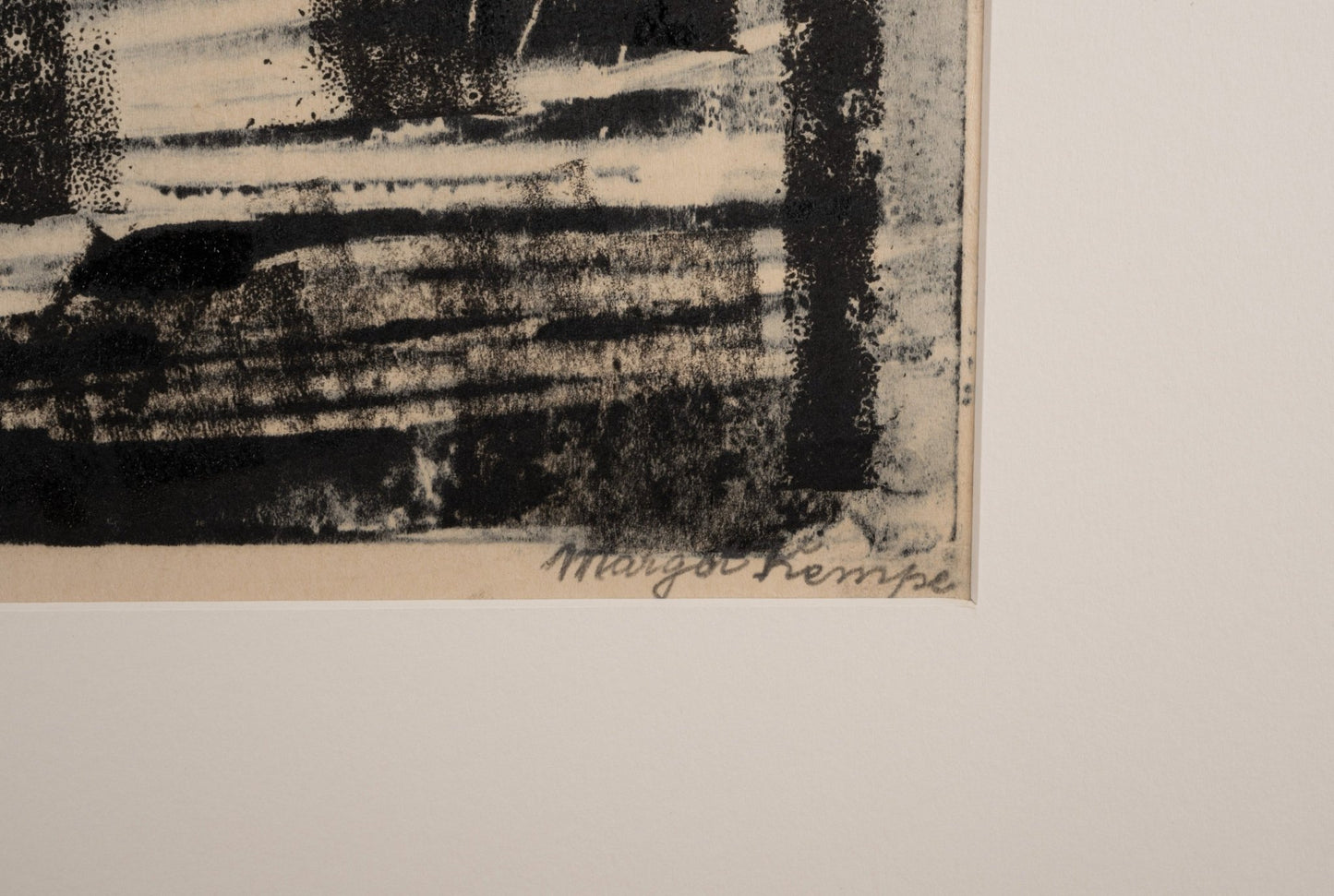 Signed and dated 1965 Margot Kempe monotype print titled "United" with abstract black and beige design on matting.
