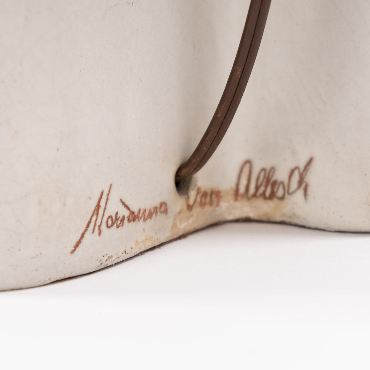 Marianna Von Allesch Table Lamp close up showing the artists signature on the warm white shade interior and dark cord detail in mid century modern lighting