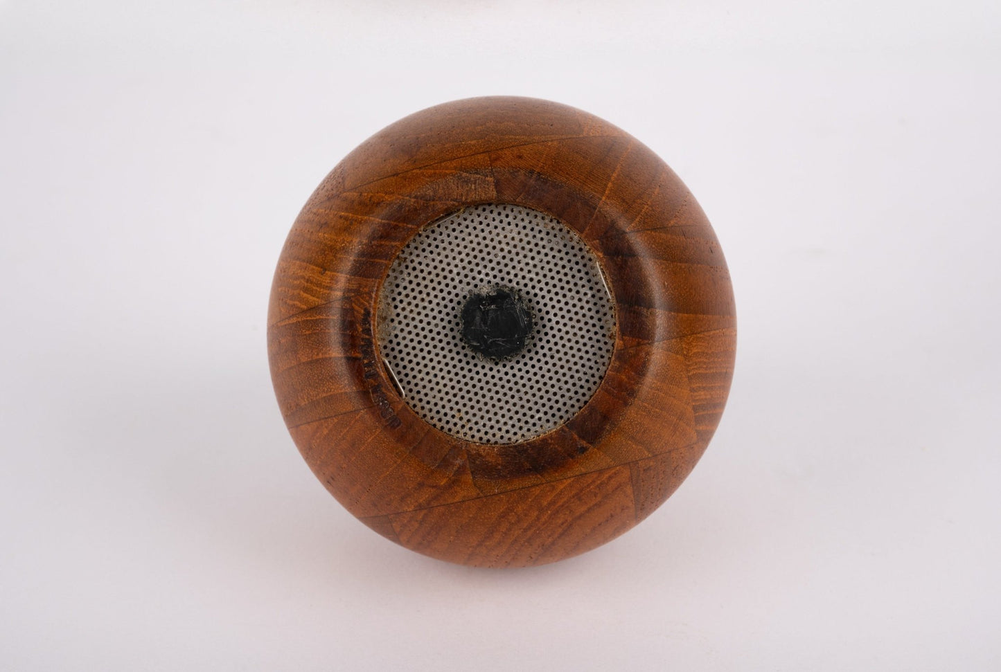 Bottom view of Nissen & Jorgensen 1960s Danish salt and pepper mill with solid teak body and iron grinding mechanism