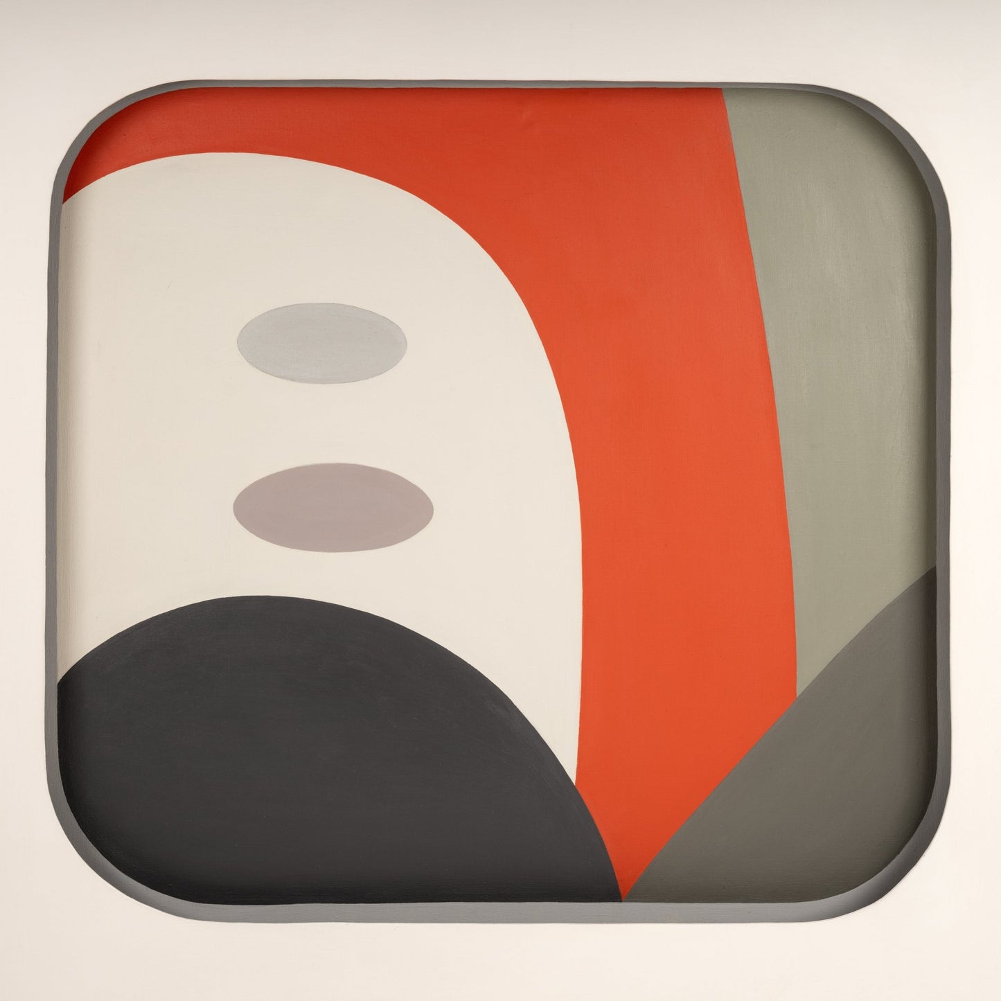 48-Inch Framed Painting by A. Harris '68 showcasing a modern abstract design with rounded edges featuring blocks of deep black, muted gray, bold orange, and soft beige for sophisticated wall decoration.