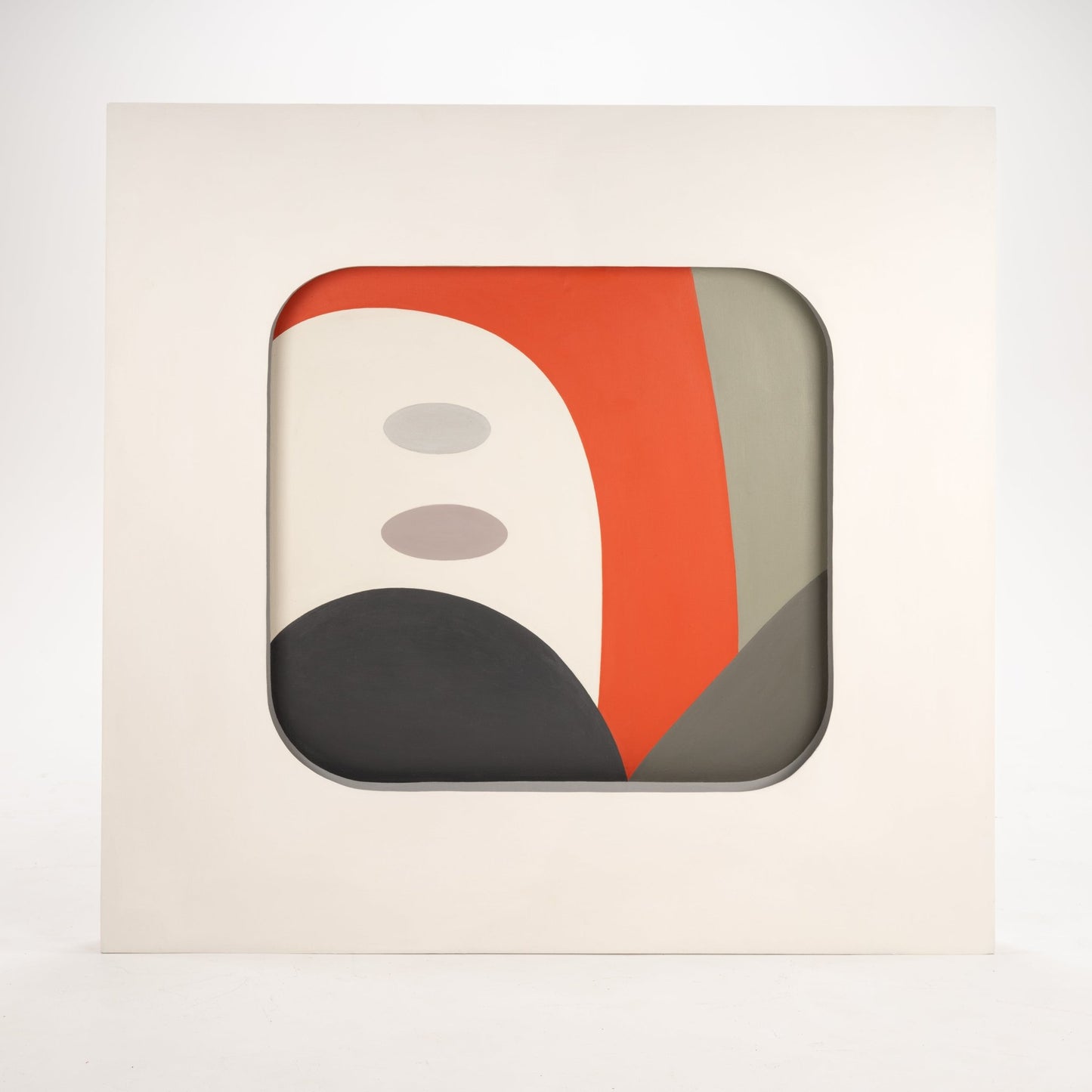 48-Inch Framed Painting by A. Harris '68 displaying an abstract design with curved shapes in muted beige, black, soft gray, and vibrant red tones within a minimalist off-white frame for modern wall decoration.