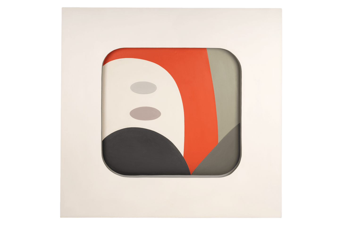 48-Inch Framed Painting by A. Harris '68 featuring an abstract composition with bold red, muted gray, black, and beige shapes framed in a minimalist off-white border, ideal for wall decoration.