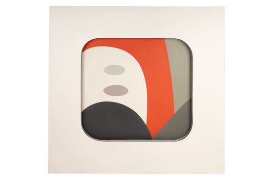 48-Inch Framed Painting by A. Harris '68 featuring an abstract composition with bold red, muted gray, black, and beige shapes framed in a minimalist off-white border, ideal for wall decoration.
