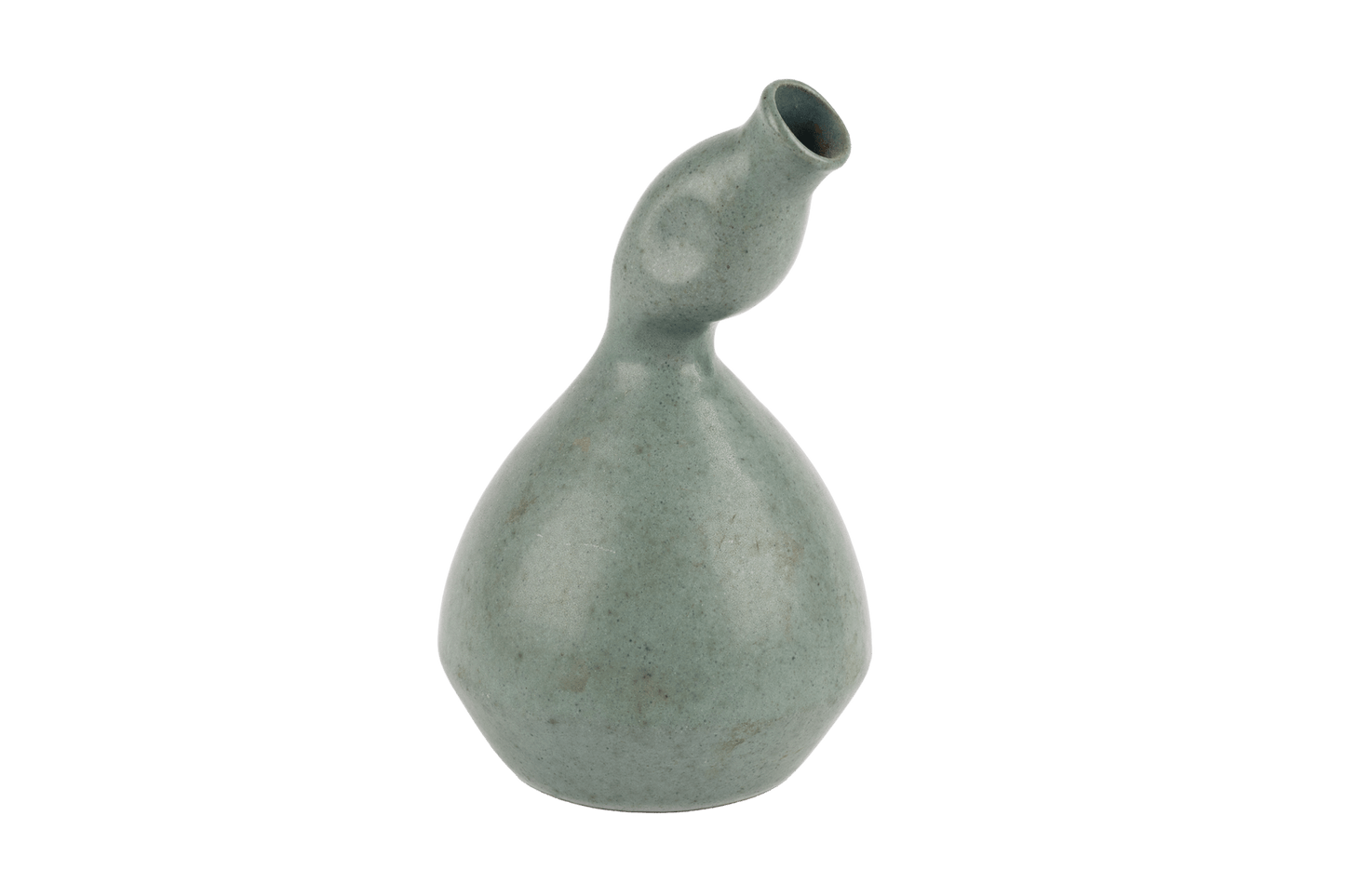 Abstract celadon studio pottery vase with gently swelling body and tilted neck, soft green glaze on white background