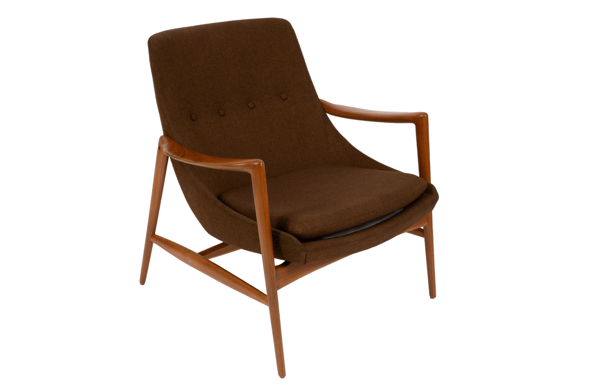 Mid-century modern lounge chair with sculptural teak frame and brown wool upholstery by Adolf Relling, 1950s Norway design.