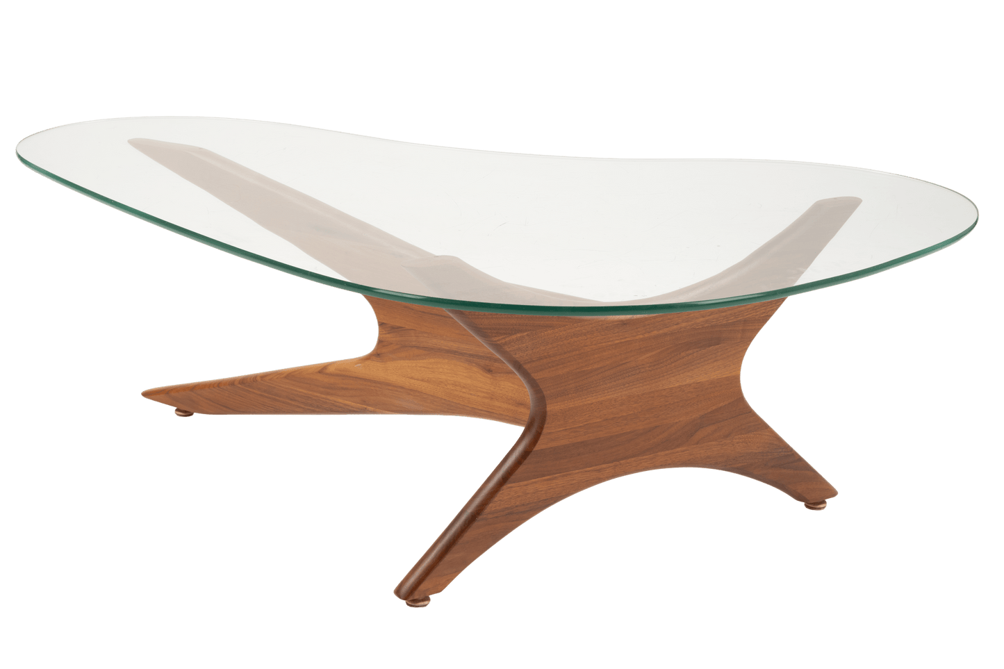 Adrian Pearsall Jacks coffee table with solid walnut interlocking base and asymmetrical glass top on white background
