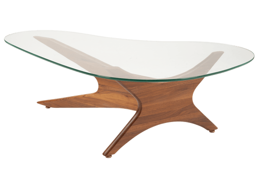 Adrian Pearsall Jacks coffee table with solid walnut interlocking base and asymmetrical glass top on white background