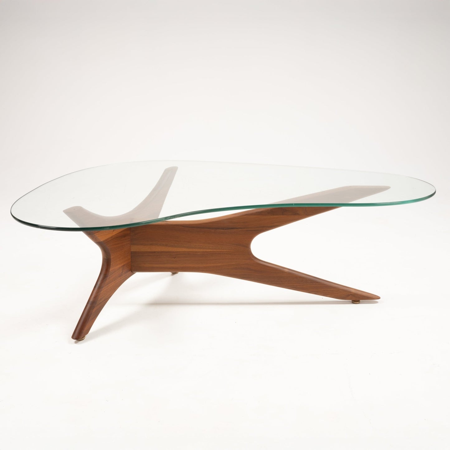 Mid-century modern Adrian Pearsall coffee table with sculptural curved walnut base and kidney-shaped clear glass top