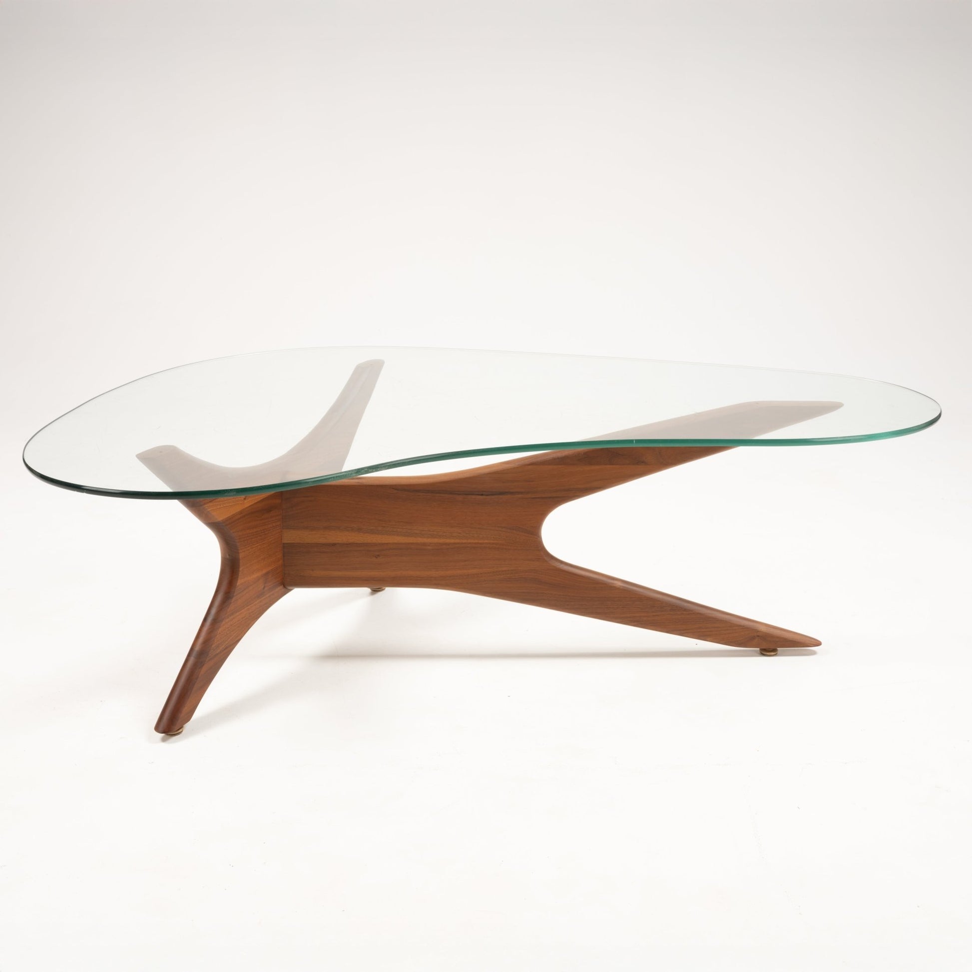 Mid-century modern Adrian Pearsall coffee table with sculptural curved walnut base and kidney-shaped clear glass top