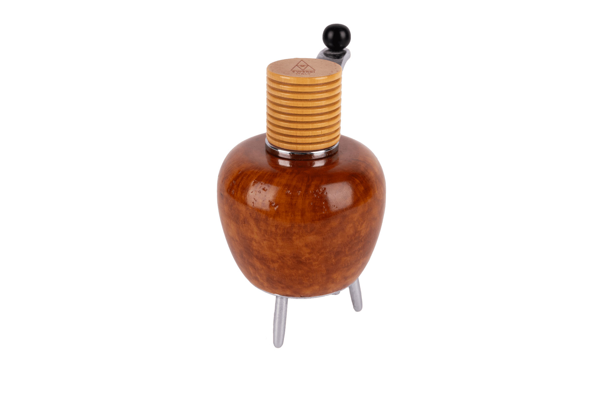 Alessi Twergi 1990s cherry wood peppermill designed by Adalberto Pironi with three metal feet and black handle
