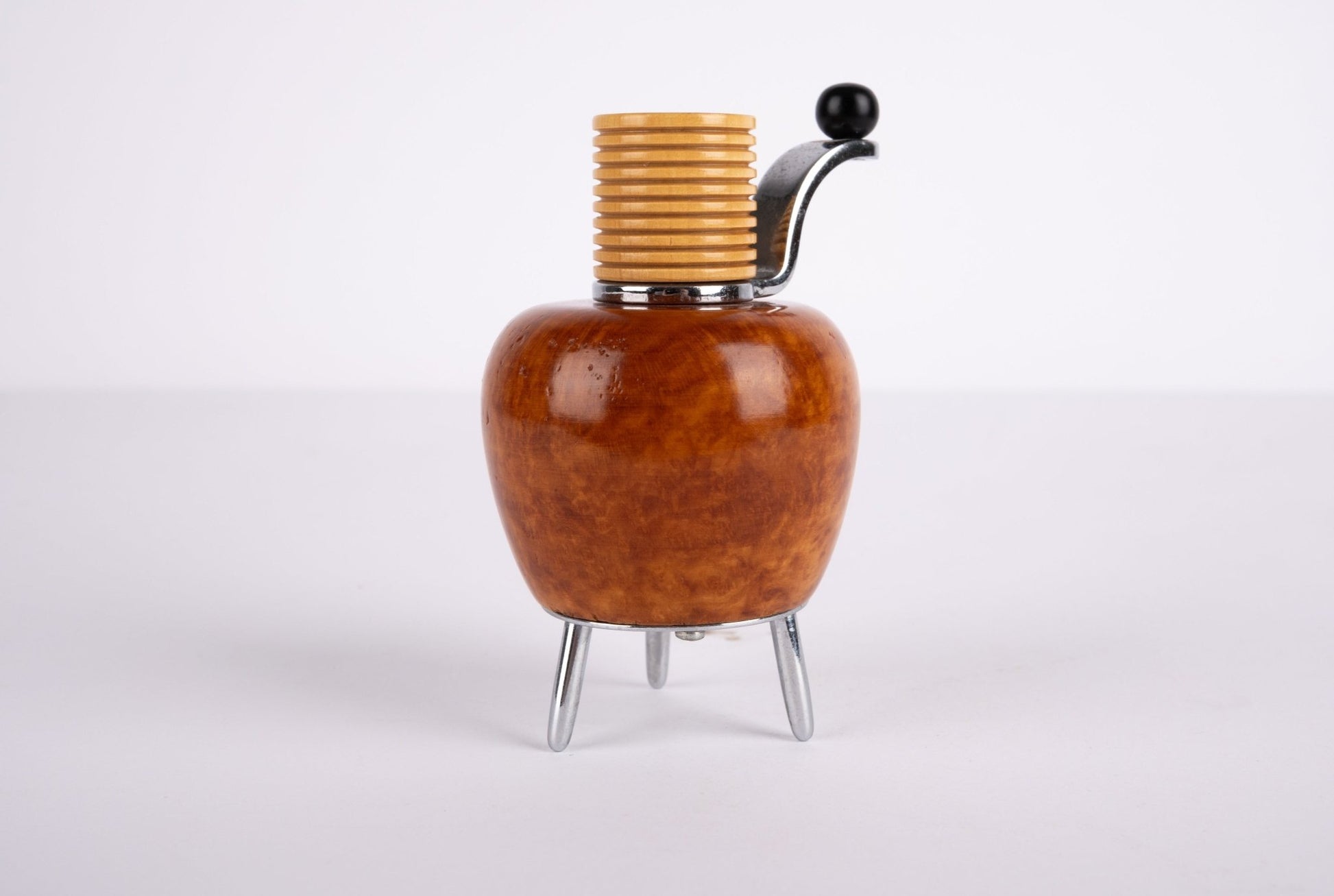 Alessi Twergi 1990s cherry wood peppermill on three metal feet designed by Adalberto Pironi from Italy