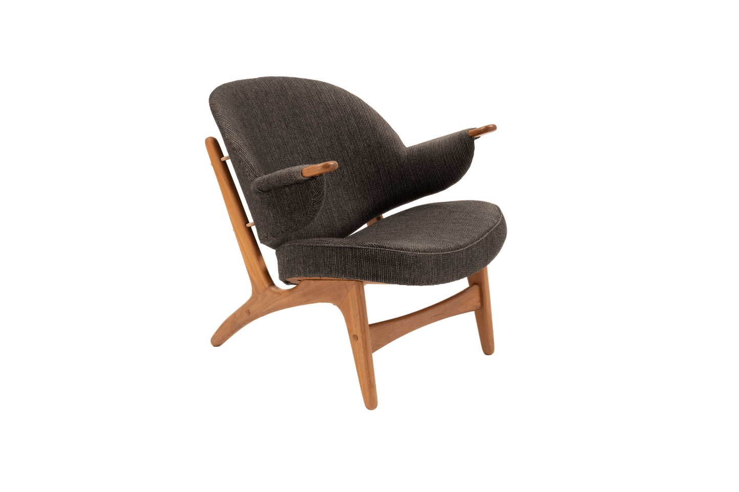Arne Hovmand-Olsen solid teak chair from the 1950s with winged backrest and integrated armrests in dark upholstery