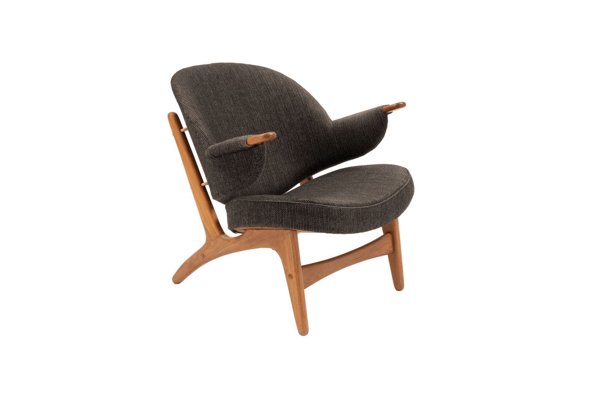 Arne Hovmand-Olsen solid teak chair from the 1950s with winged backrest and integrated armrests in dark upholstery