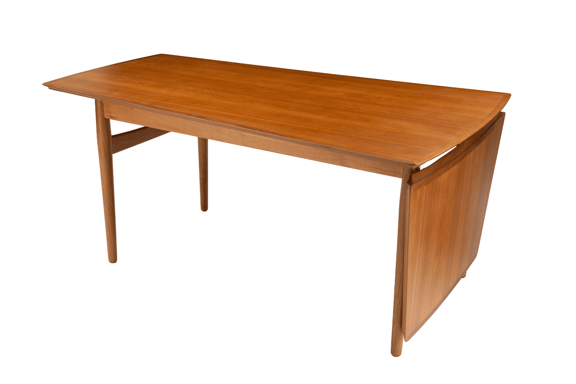 Arne Vodder mid-century modern teak drop leaf desk with curved side panel and extended workspace