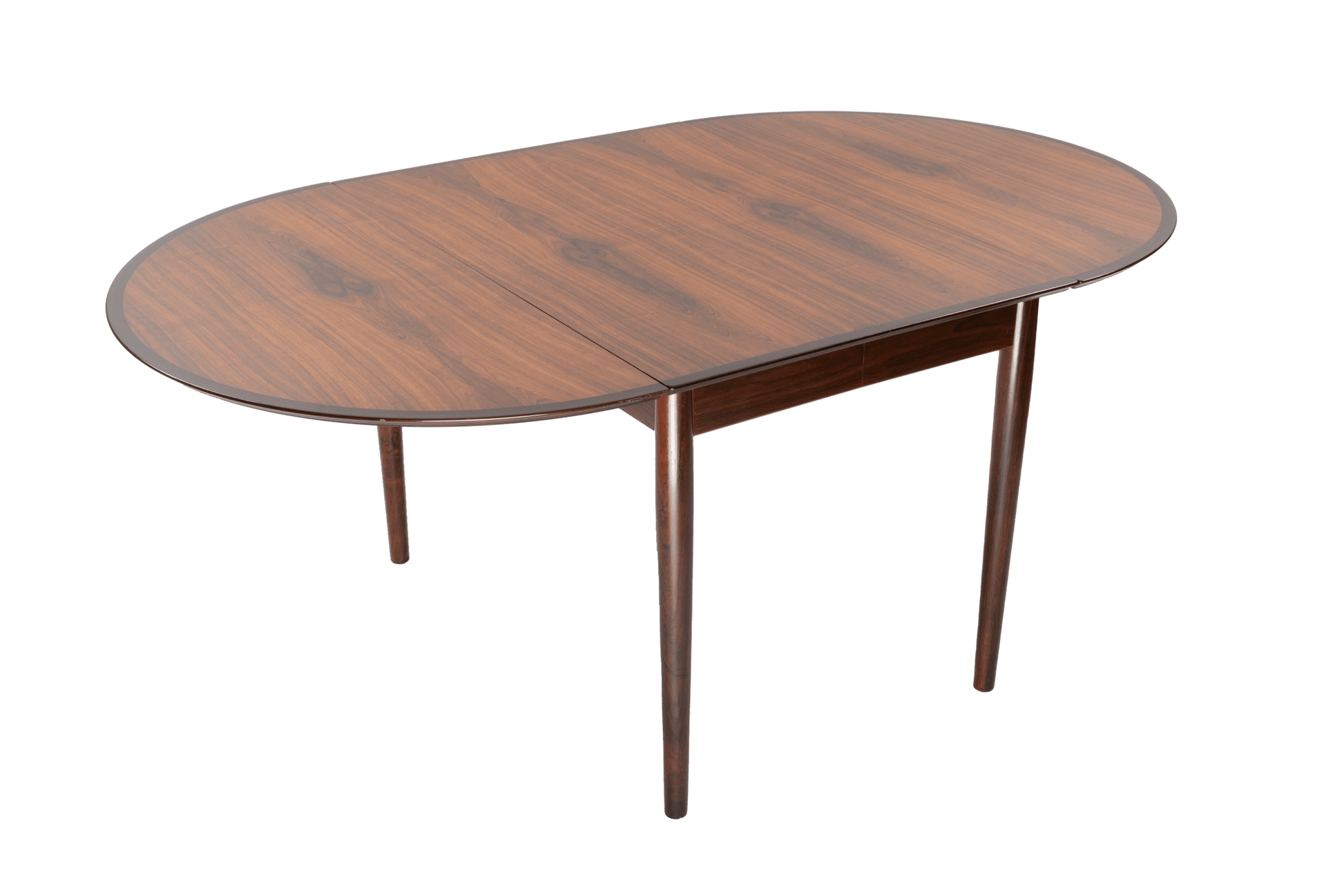 Mid-century modern Arne Vodder rosewood drop leaf dining table with slender tapered legs and expandable top