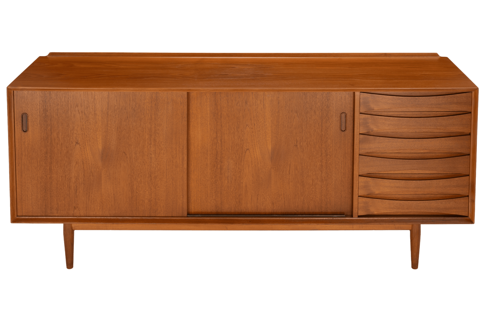 Arne Vodder Reversible-Drawer Teak Credenza for Sibast featuring sleek sliding doors and a column of sculpted drawers, crafted from warm teak wood in a mid century modern style.