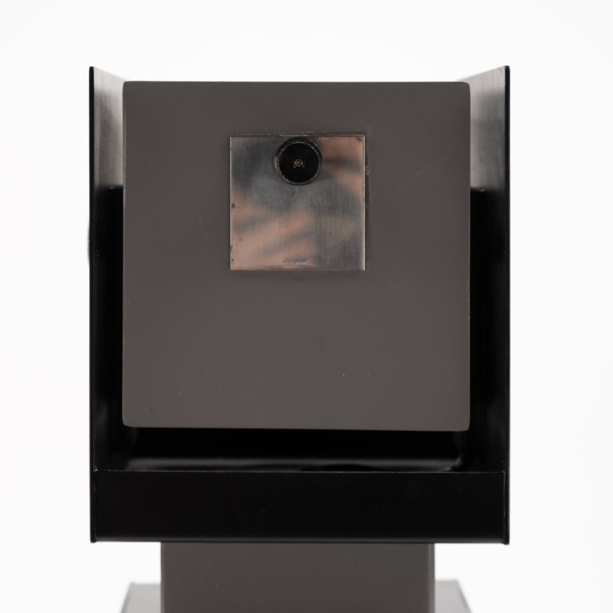 Arteluce Swivel Steel Floor Lamp closeup of a black steel square spotlight housing with a round exposed bulb and adjustable frame for contemporary interior lighting
