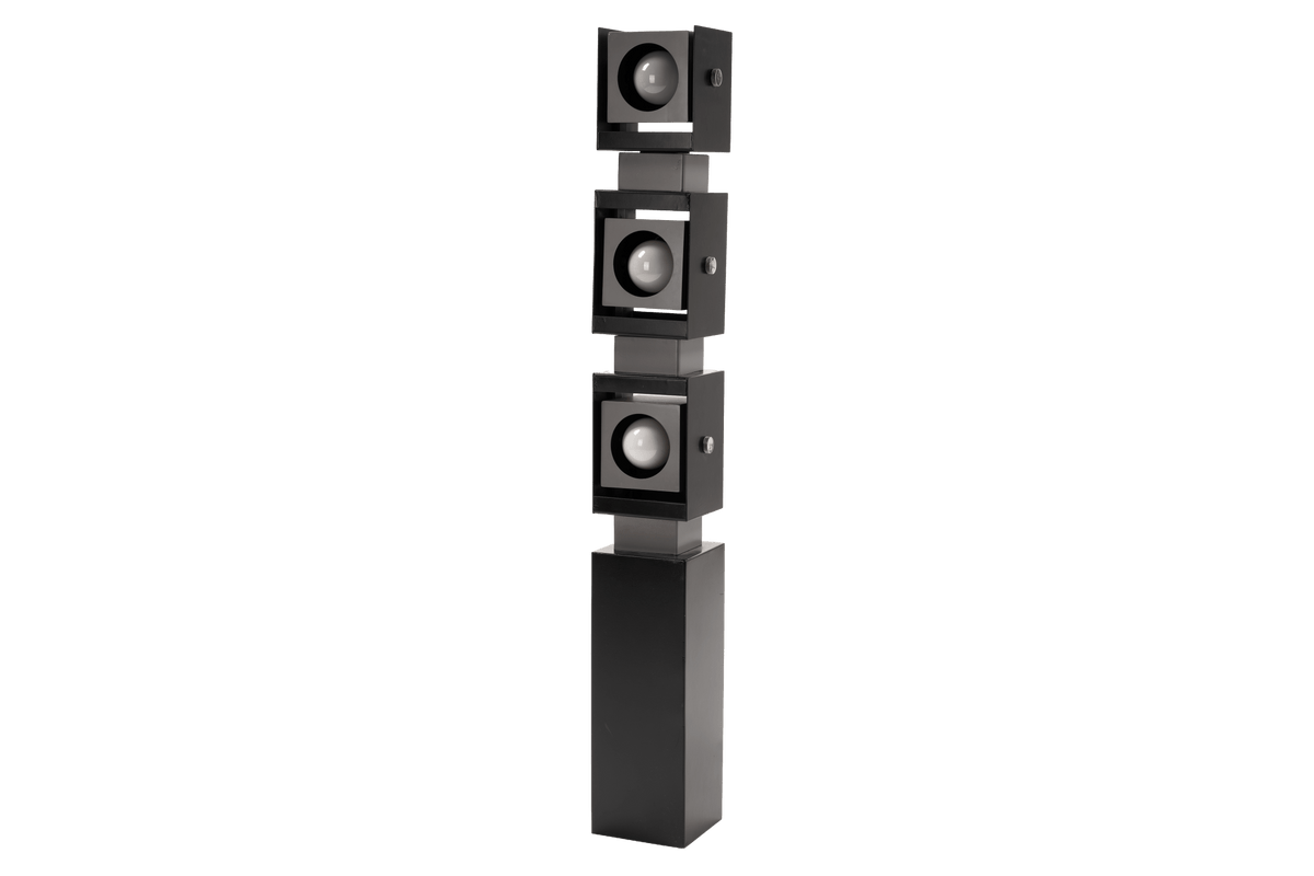 Arteluce Swivel Steel Floor Lamp featuring three stacked adjustable square spotlights on a slim black steel column in modern lighting design