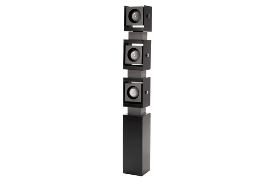 Arteluce Swivel Steel Floor Lamp featuring three stacked adjustable square spotlights on a slim black steel column in modern lighting design