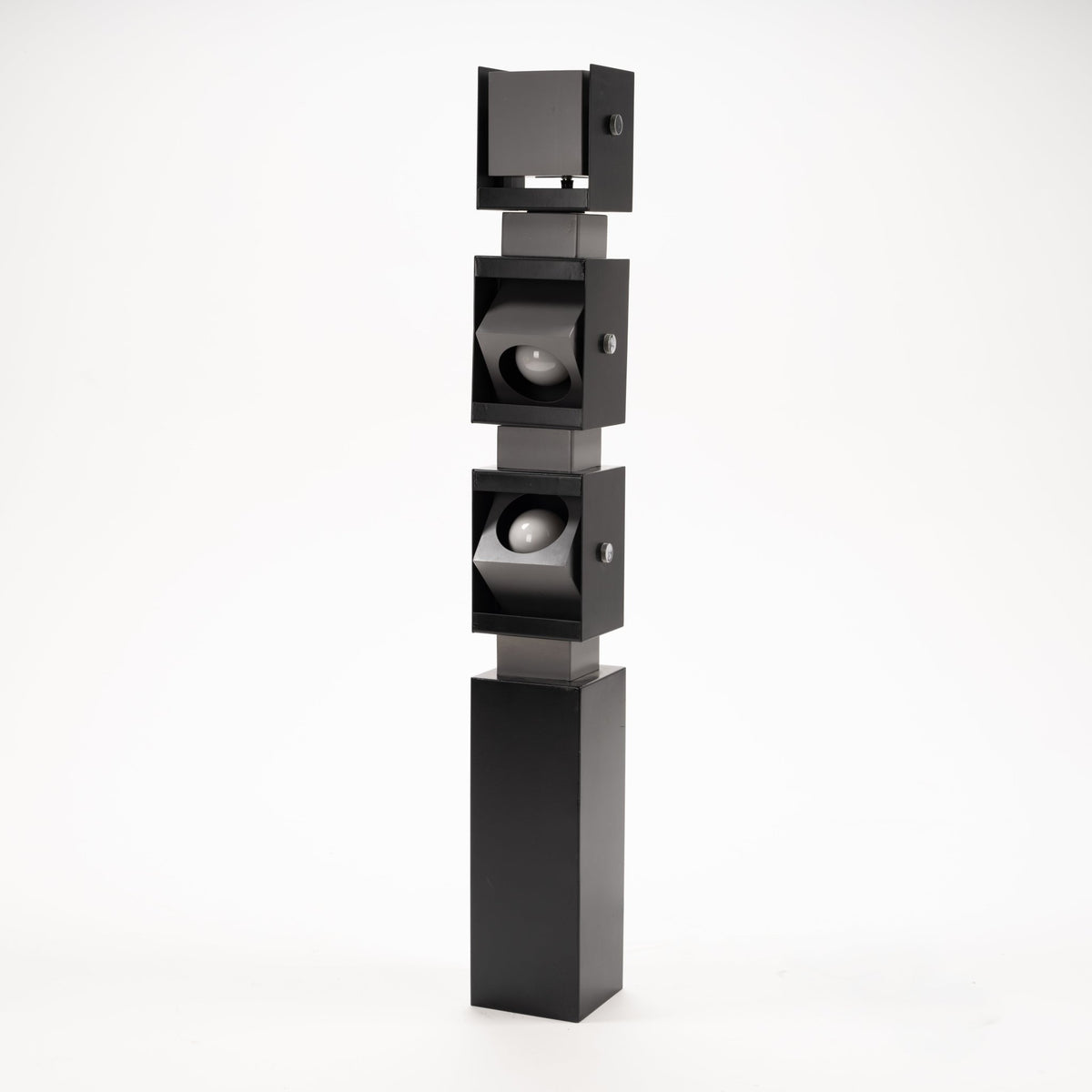 Arteluce Swivel Steel Floor Lamp in black steel with three stacked square spotlight housings on a slim rectangular column for modern interior lighting
