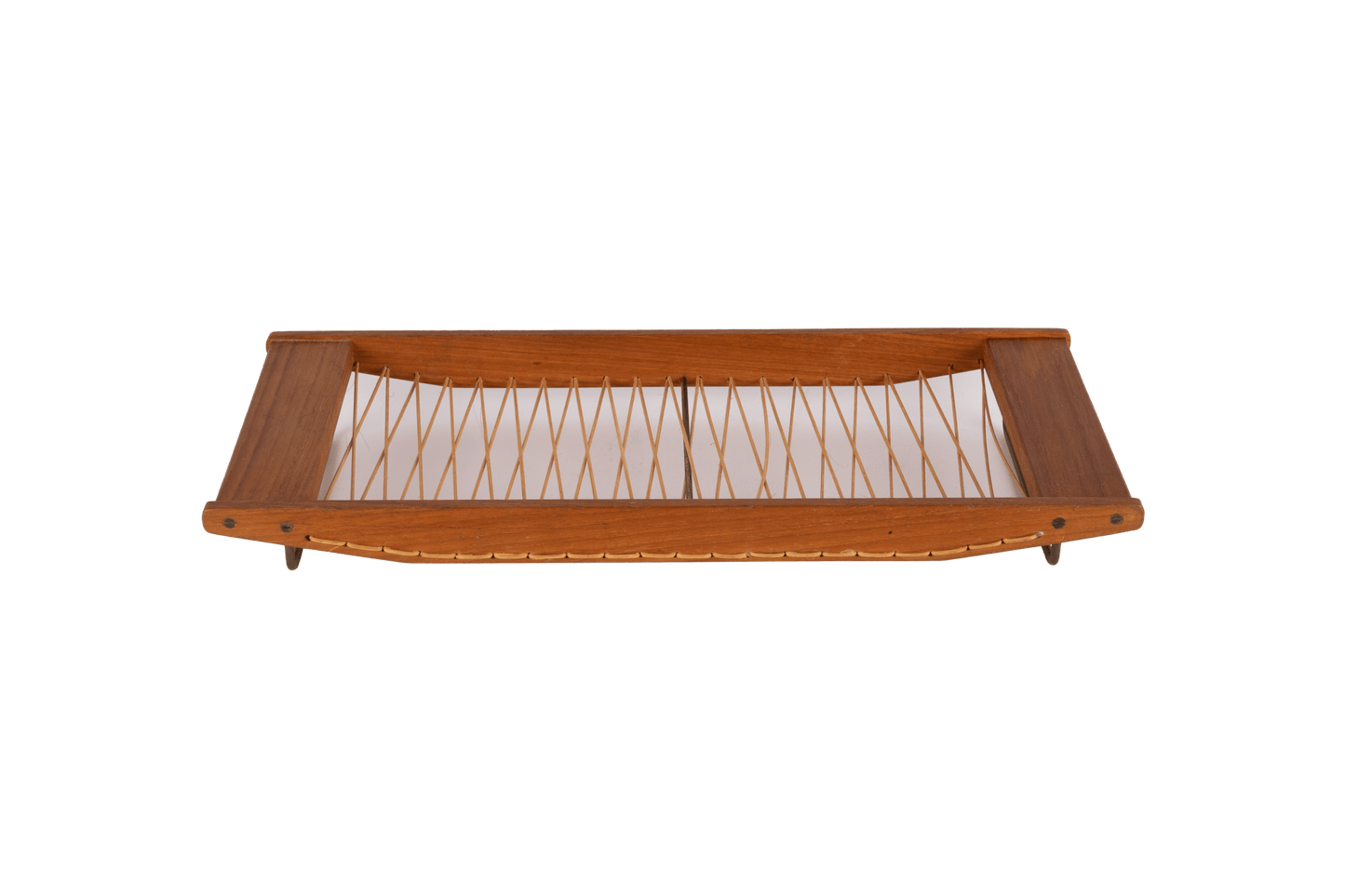 Danish mid-century teak bread tray with woven rattan center and brass hardware, featuring a minimalist design.