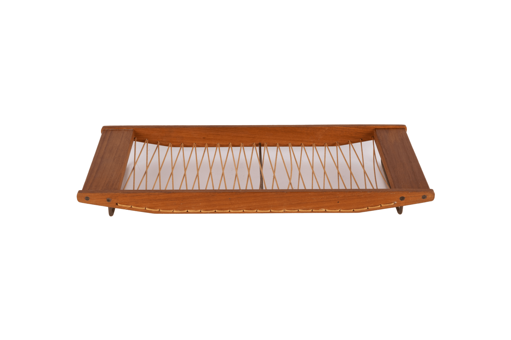 Danish mid-century teak bread tray with woven rattan center and brass hardware, featuring a minimalist design.