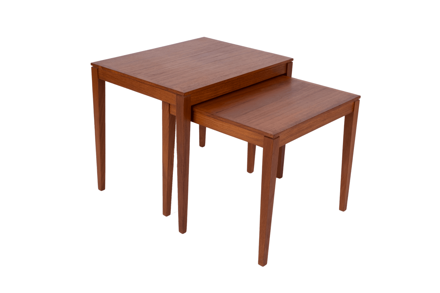 Pair of Bent Silberg mid-century modern nesting tables with tapered legs and teak wood finish from the 1960s.