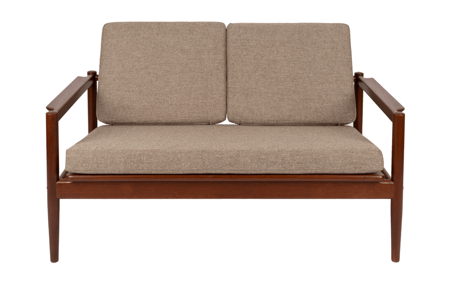Borge Jensen teak settee from the 1960s with sculpted armrests and newly upholstered Hallingdal wool cushions