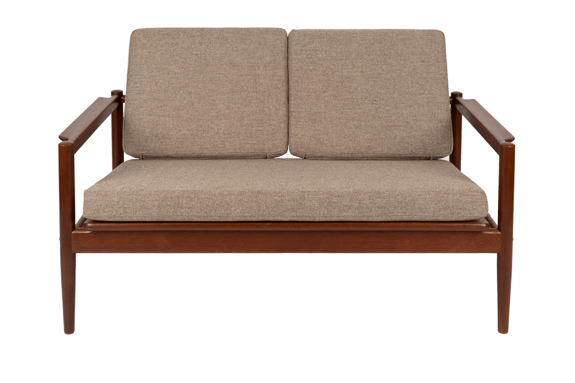 Borge Jensen teak settee from the 1960s with sculpted armrests and newly upholstered Hallingdal wool cushions