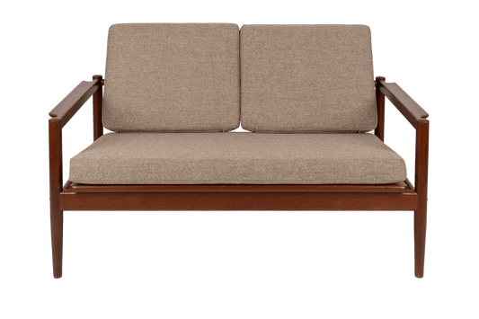 Borge Jensen teak settee from the 1960s with sculpted armrests and newly upholstered Hallingdal wool cushions