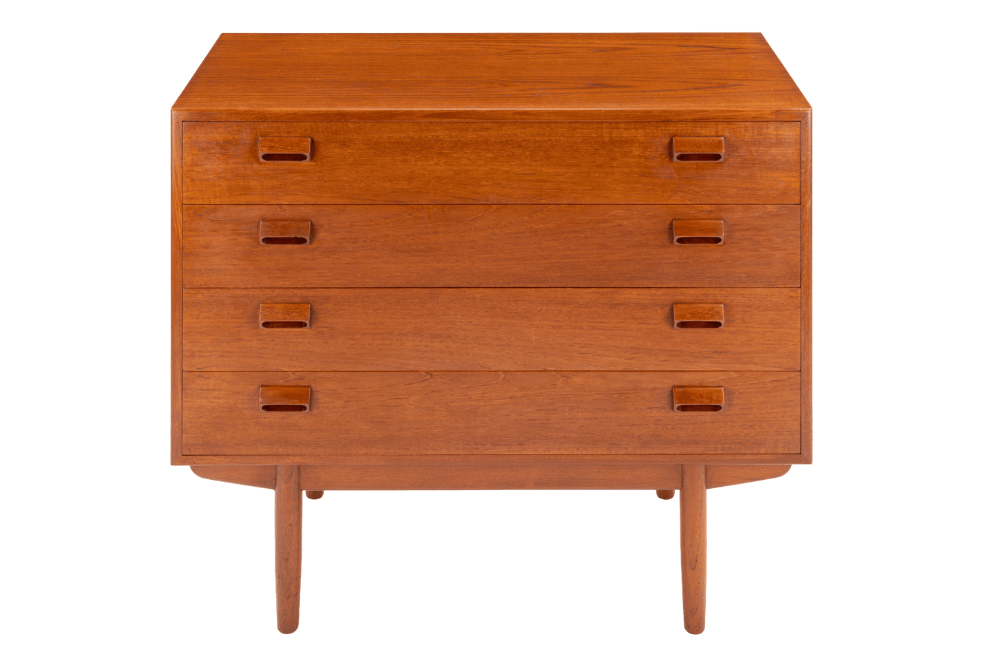 Compact mid-century wooden chest with four drawers and integrated rectangular pull handles on slender legs