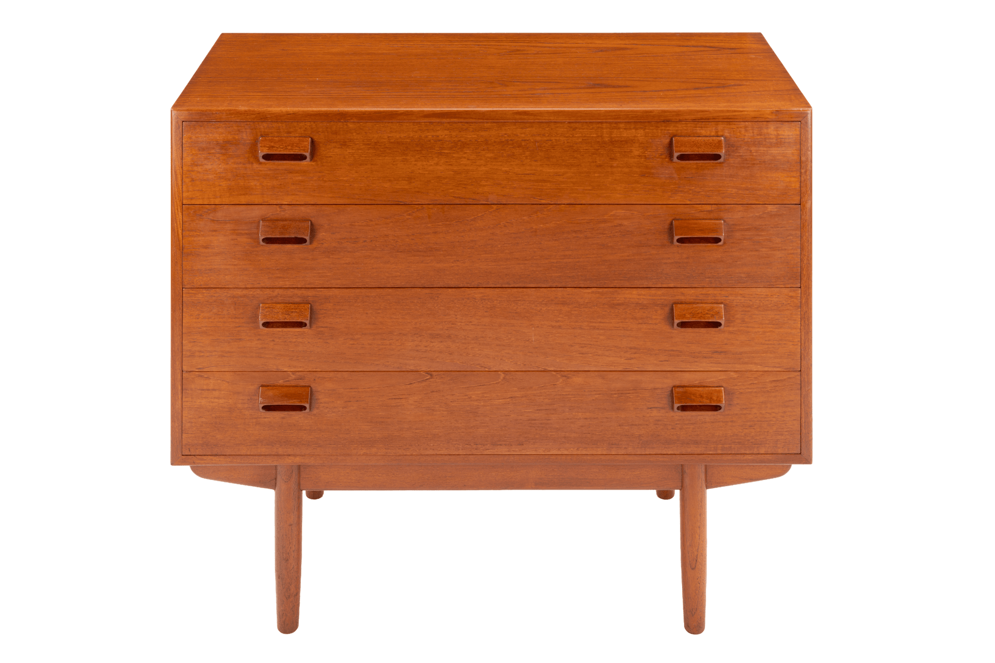 Compact mid-century wooden chest with four drawers and integrated rectangular pull handles on slender legs
