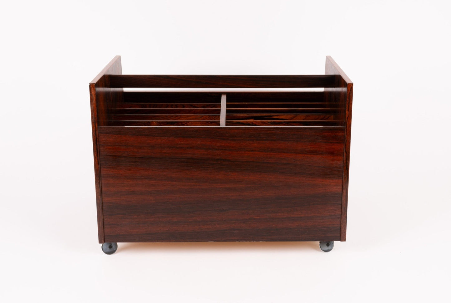 Bruksbo mid-century modern rosewood rolling cart with double-wide design and castors for easy mobility on white background.