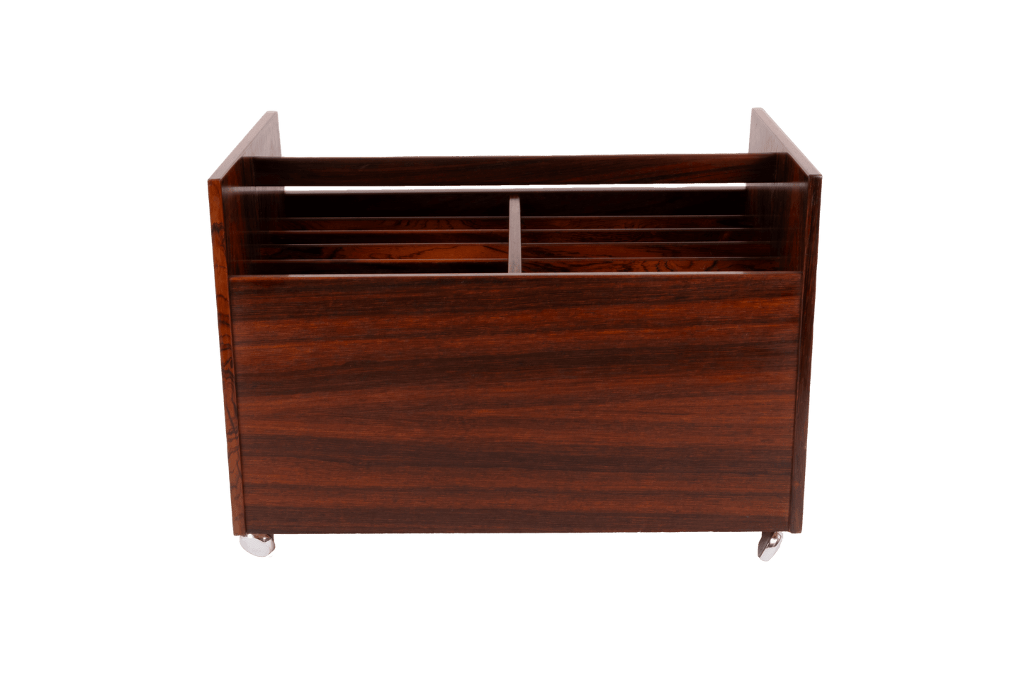 Bruksbo double-wide rosewood rolling cart with castors, featuring divided compartments for magazines or records.