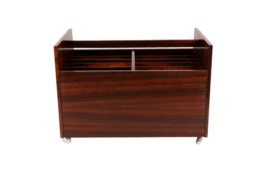 Bruksbo double-wide rosewood rolling cart with castors, featuring divided compartments for magazines or records.