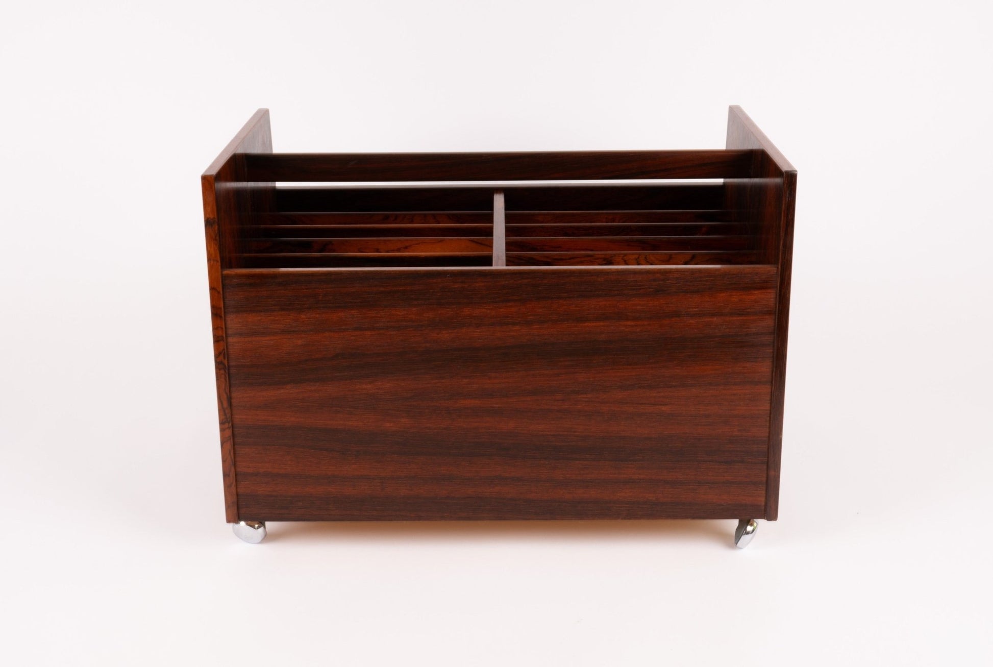Bruksbo double-wide rosewood rolling cart with slatted sides and sturdy castors for easy mobility on white background