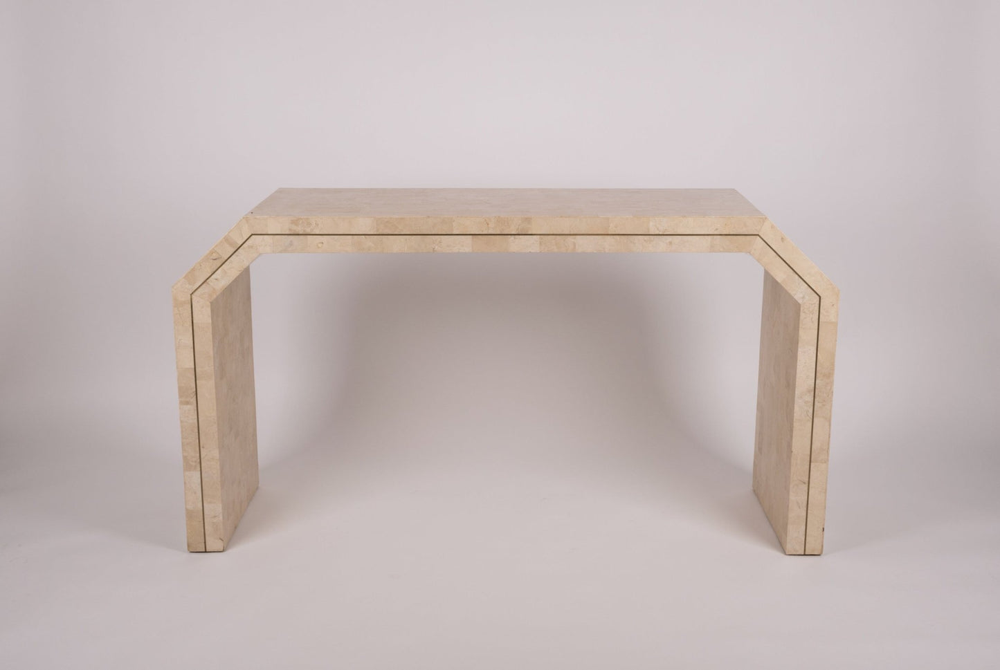 1980s Casa Bique tessellated marble console table with brick pattern surface and brass inlay profile by Robert Marcius