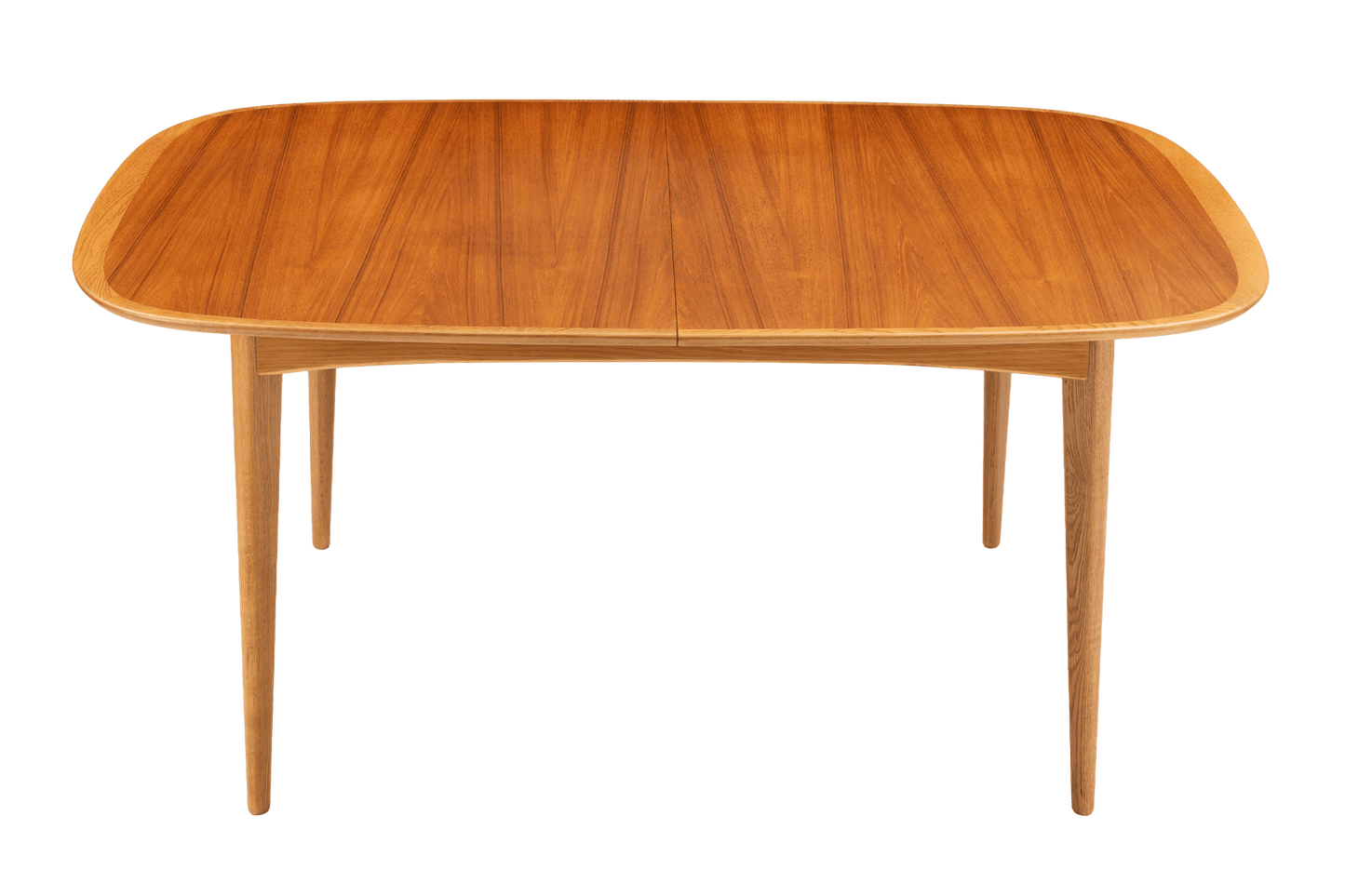 Danish Butterfly-Leaf Teak Dining Table with rounded top and tapered legs in vintage Danish furniture style