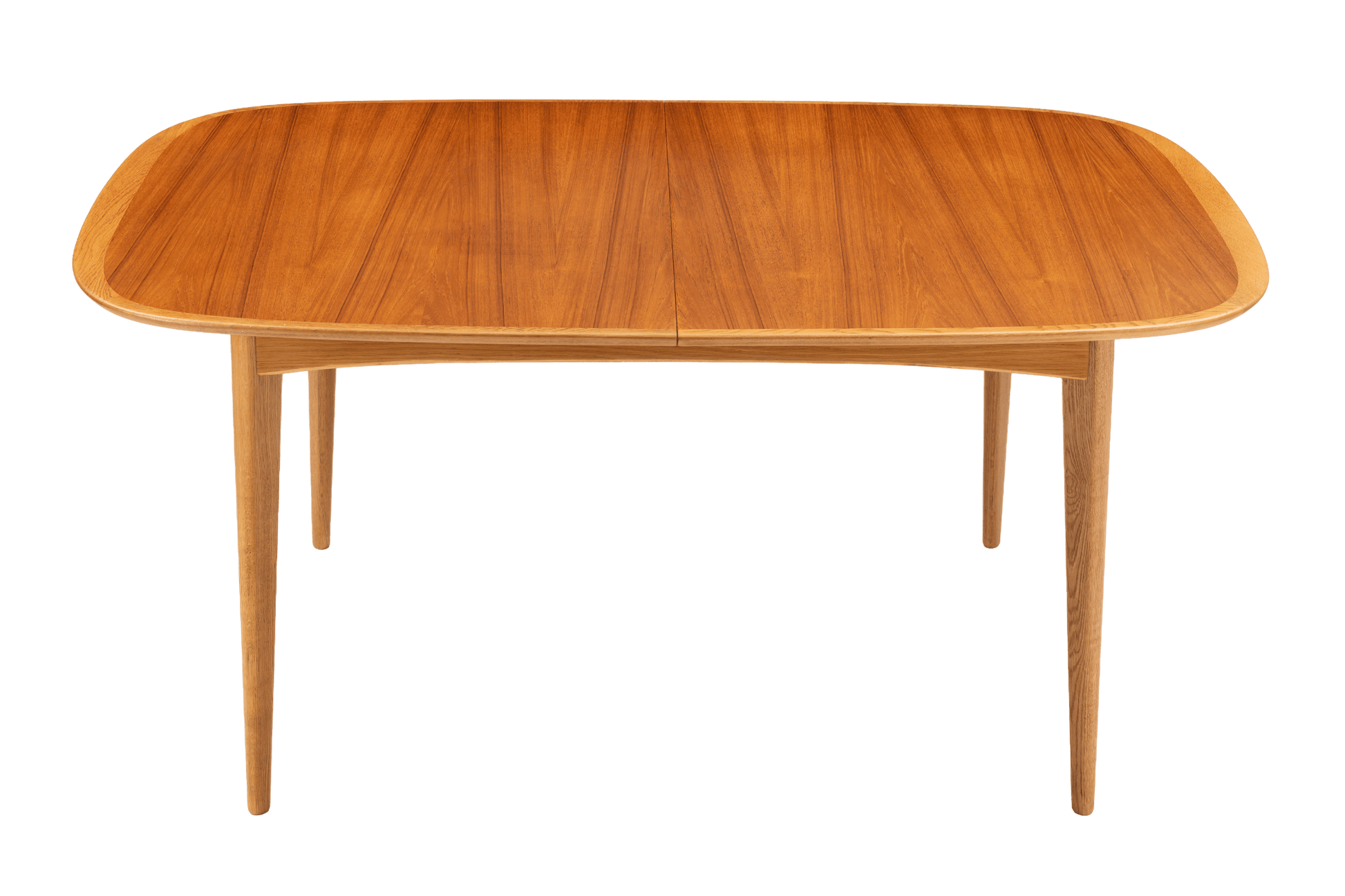 Danish Butterfly-Leaf Teak Dining Table with rounded top and tapered legs in vintage Danish furniture style