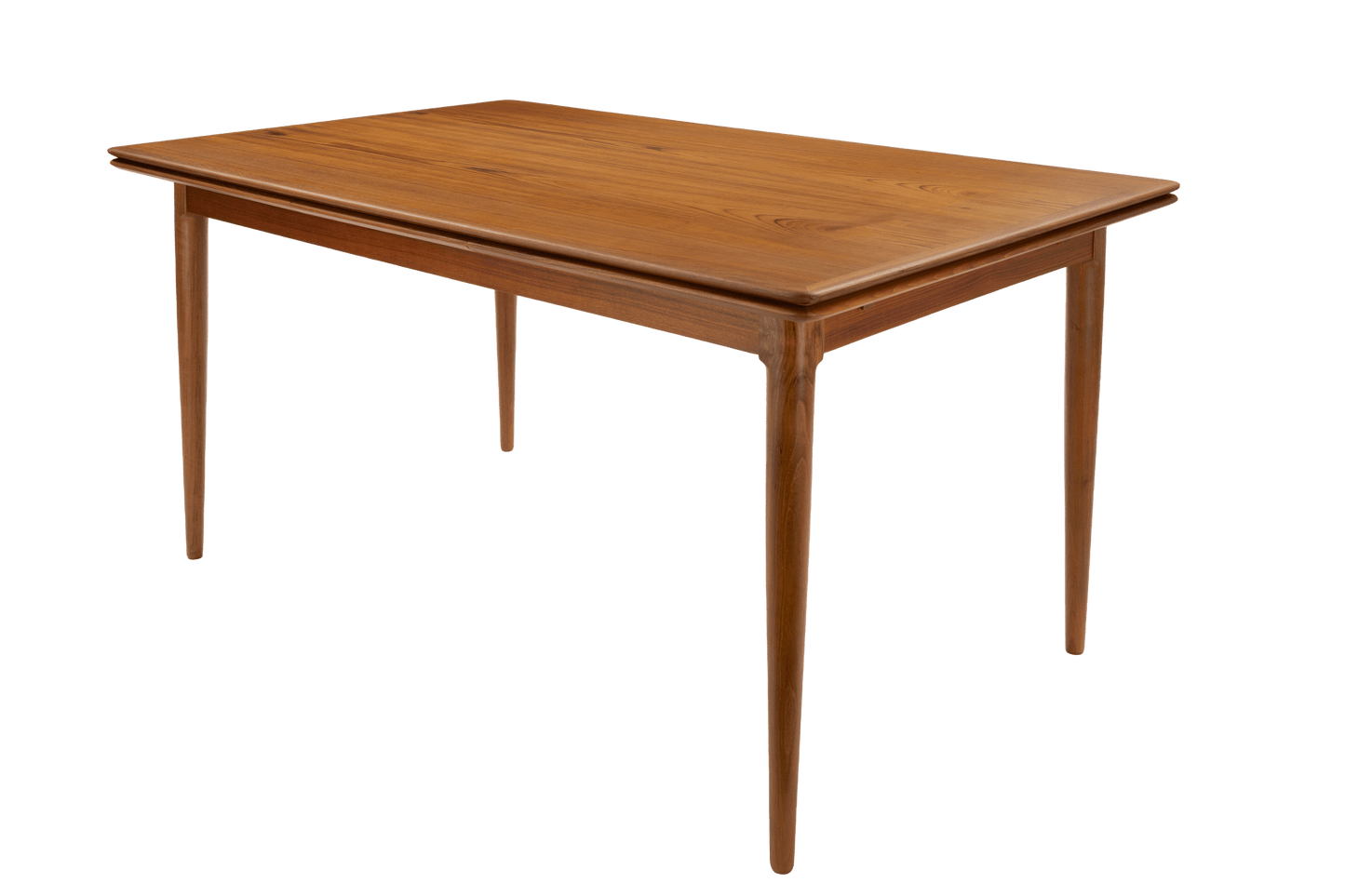 Danish Draw-Leaf Dining Table in Teak with warm wood grain and a rectangular top supported by four tapered legs in a classic vintage Danish furniture design
