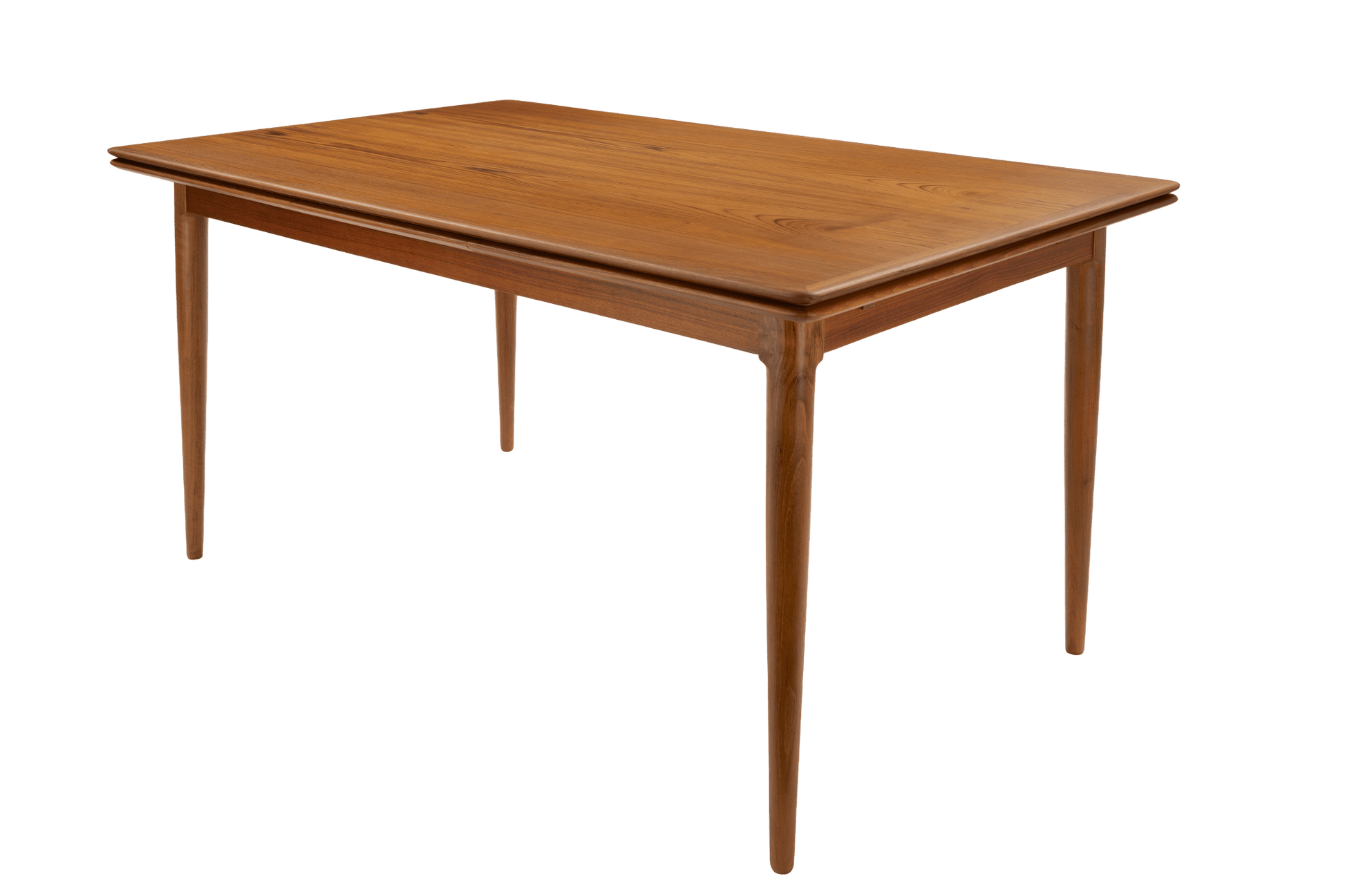 Danish Draw-Leaf Dining Table in Teak with warm wood grain and a rectangular top supported by four tapered legs in a classic vintage Danish furniture design
