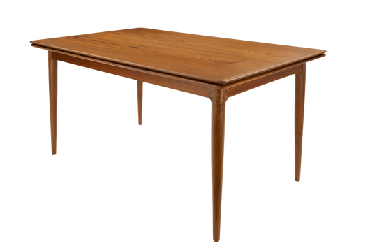 Danish Draw-Leaf Dining Table in Teak with warm wood grain and a rectangular top supported by four tapered legs in a classic vintage Danish furniture design