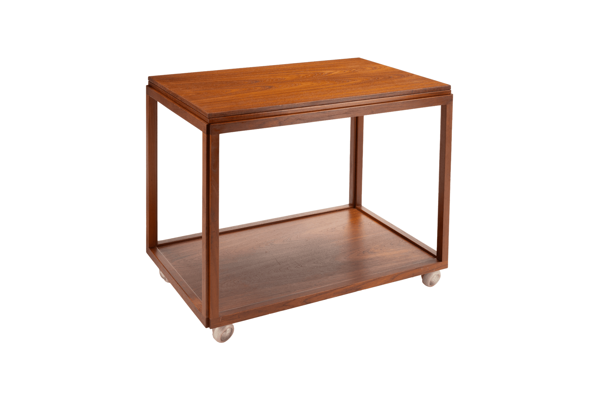 Mid-century Danish teak expanding bar cart with clean lines and caster wheels for mobility from Denmark.