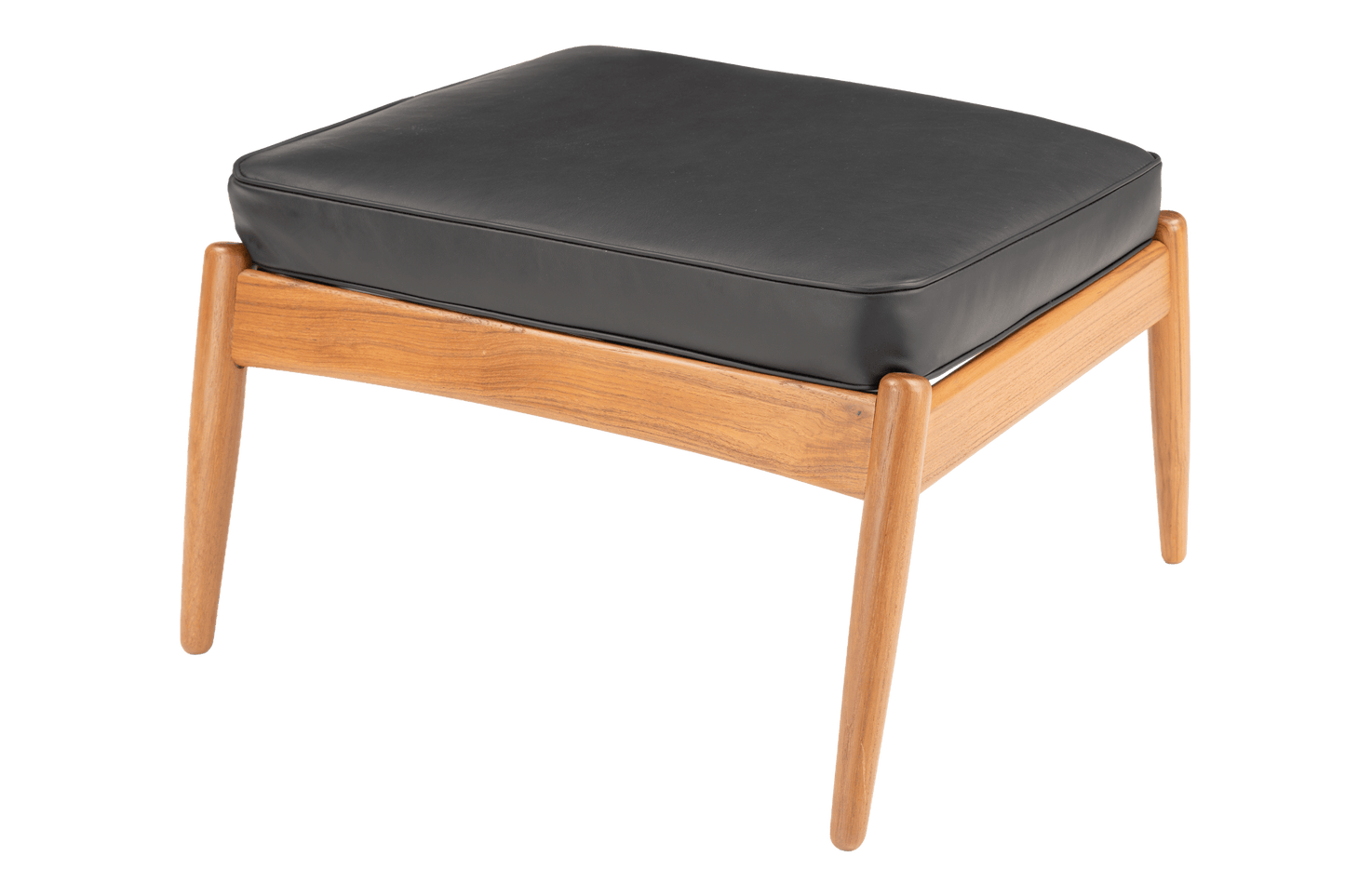 Danish Teak Ottoman with Black Leather featuring a sleek teak frame and smooth black leather cushion, showcasing elegant mid century modern seating design.