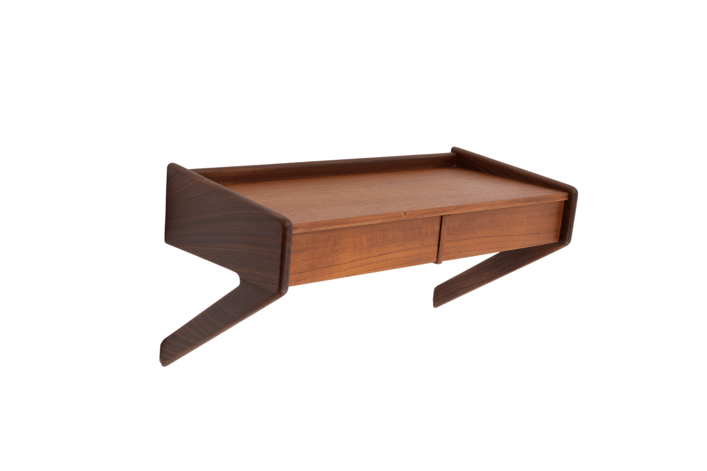 Danish modern teak wall shelf with two drawers and angled side supports in warm wood finish