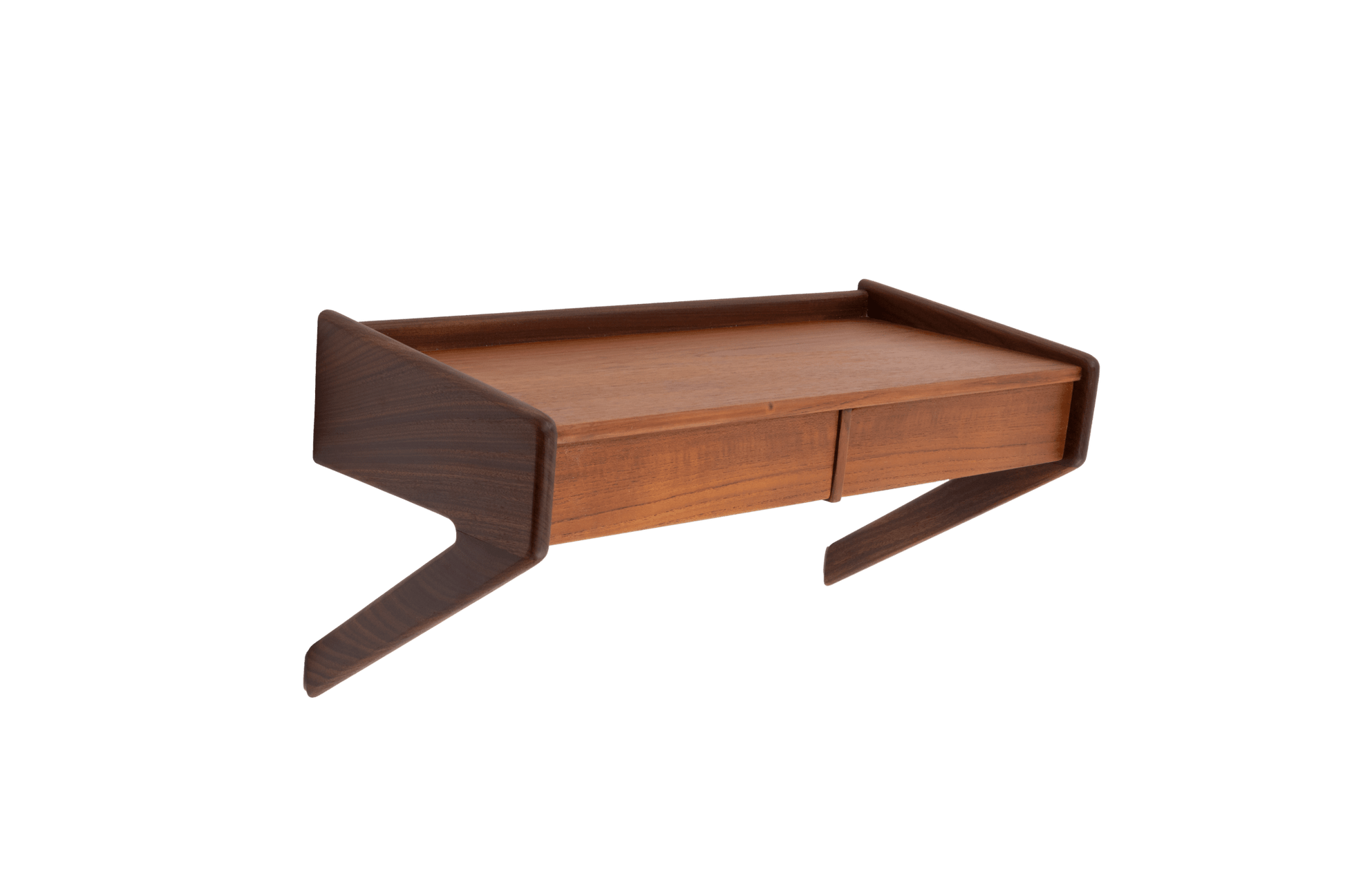 Danish modern teak wall shelf with two drawers and angled side supports in warm wood finish