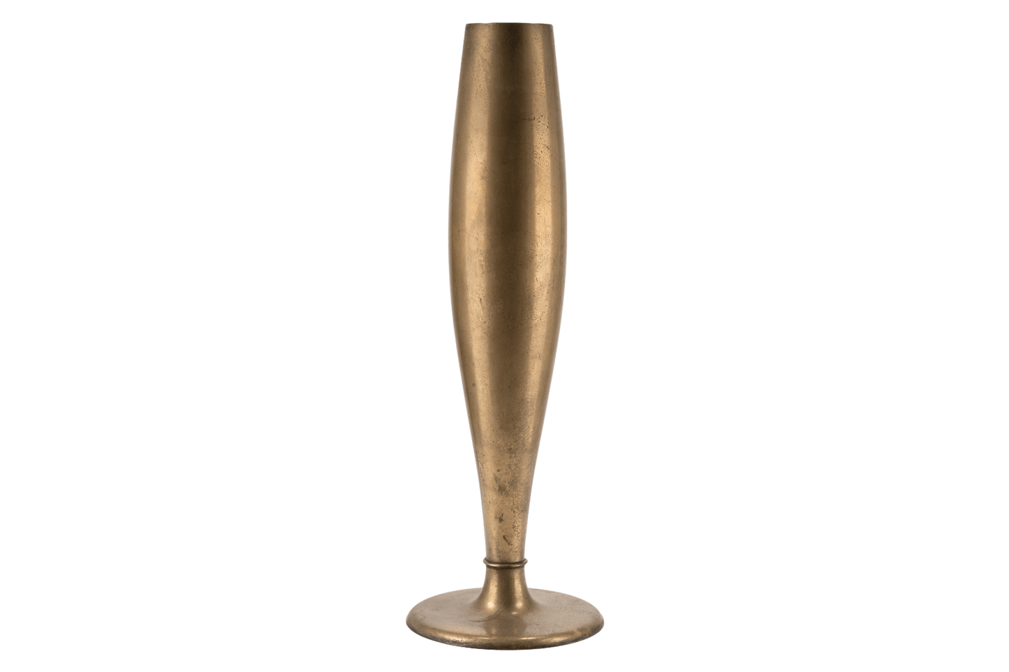 Tall slender Dirigold metal bud vase with warm brass patina and wide 3.75-inch stable base from 1930s Sweden