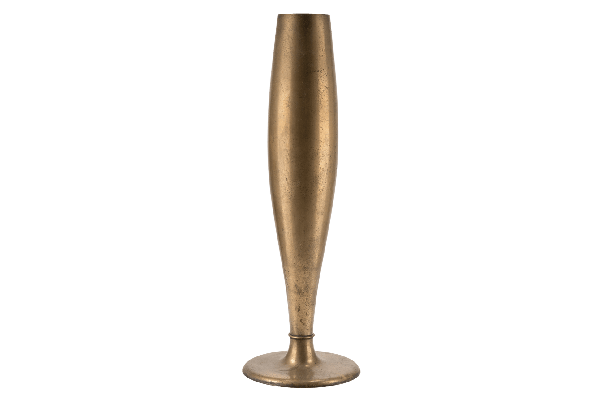Tall slender Dirigold metal bud vase with warm brass patina and wide 3.75-inch stable base from 1930s Sweden